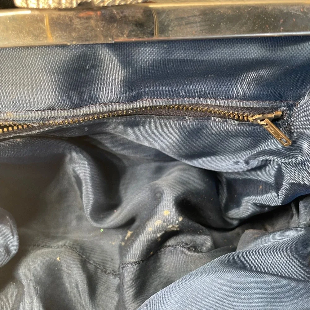 Vintage Granny Frame Handbag Purse Blue Leather Silver tone Ornate Clasp Bag
